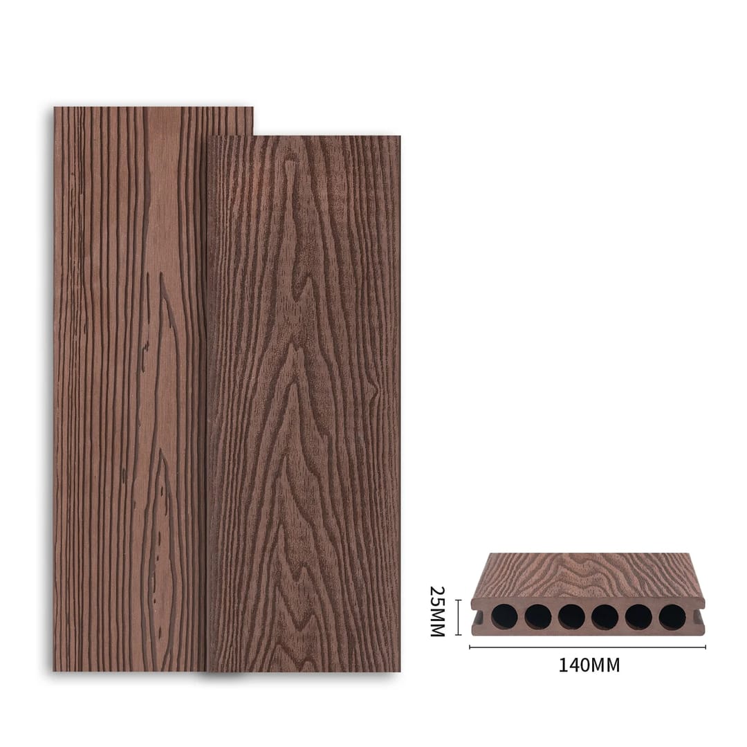 Two reddish-brown PureSolid Classic Hollow boards with deep 3D embossed grain, beside a 140 x 25 mm hollow profile