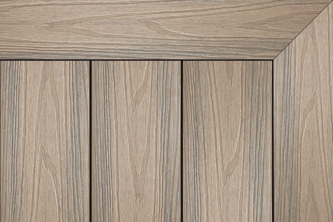 Brite HD Urban X composite decking in Antique: taupe-brown boards inside a mitred picture-frame border