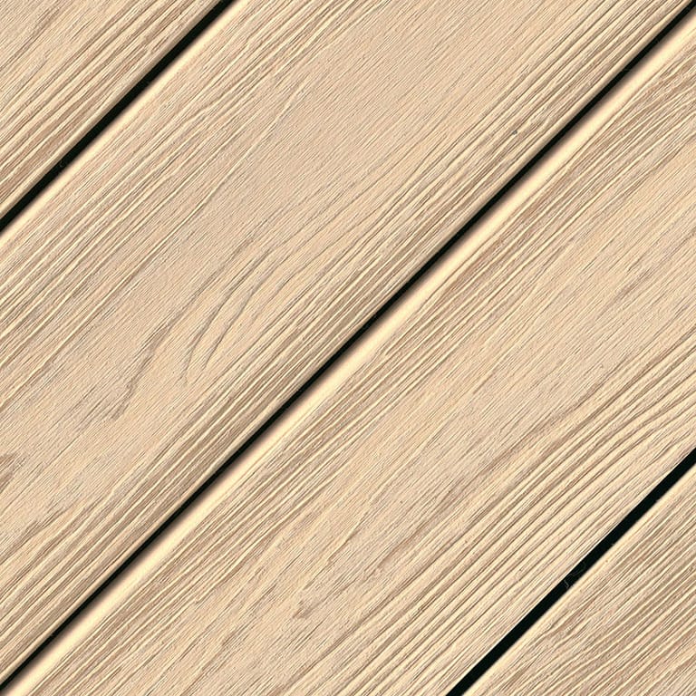 Close-up swatch of Eva-Last Apex PLUS deck boards in Swedish Oak, showing the light sandy embossed grain