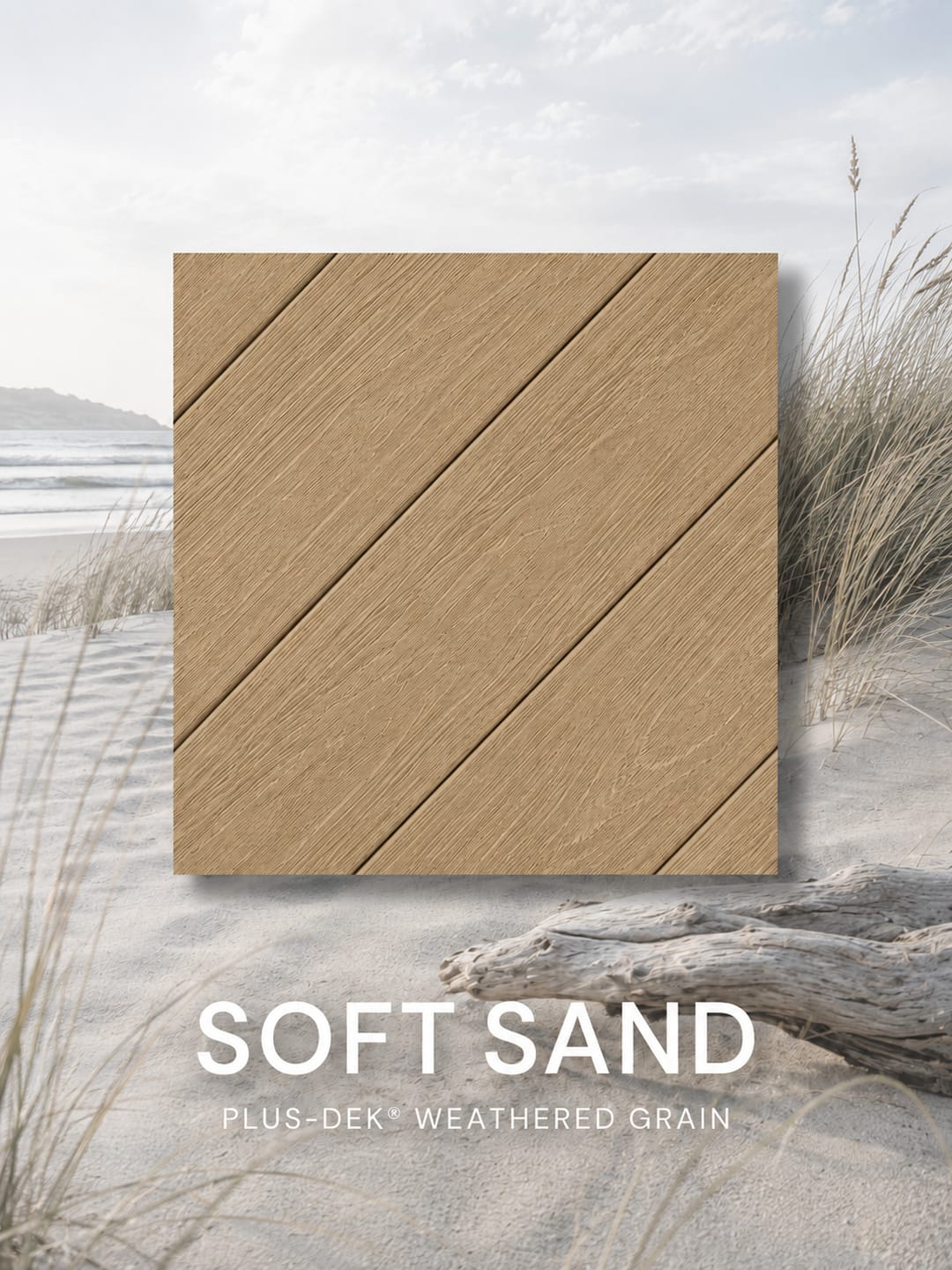 PLUS-DEK Weathered Grain colour card: a golden tan Soft Sand board sample shown over a sandy shoreline, labelled with the colour name