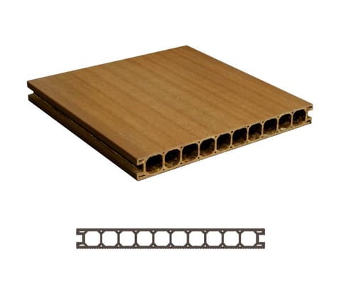 Wide Biowood 300 x 32 mm hollow decking board in a golden brown finish, shown in 3D above its profile drawing