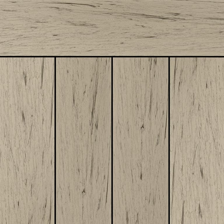 OneDeck SnapDeck Saltbush Veil PVC deck boards laid side by side under a matching fascia, in pale grey-beige with dark streaks