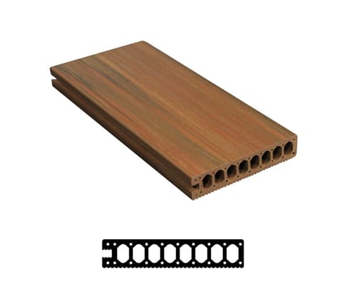 Biowood 140 x 28 mm Decking End board in a streaky red-brown finish, shown in 3D above its hollow profile drawing