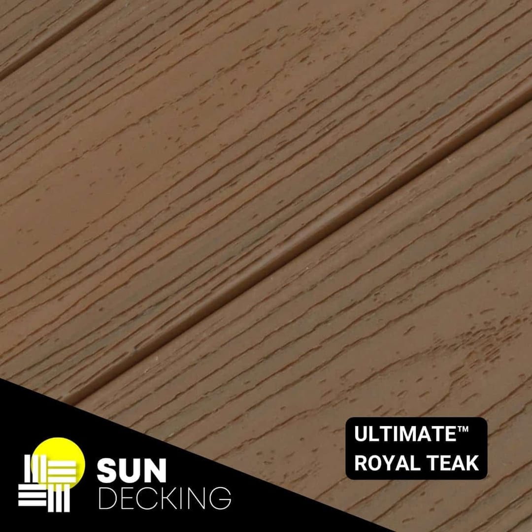 Angled close-up of Sun Decking Ultimate composite boards in Royal Teak, a rich brown deep-embossed woodgrain, with the Sun Decking logo