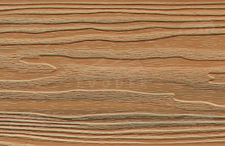 EVODEK Oak colour sample: capped composite board surface with deep embossed wood grain in warm orange-brown
