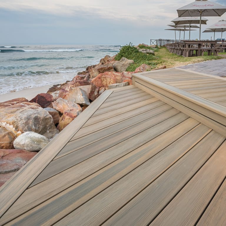 Beachfront deck in Eva-Last Infinity Swiss Oak beside rock seawall boulders, with umbrellas and the ocean behind