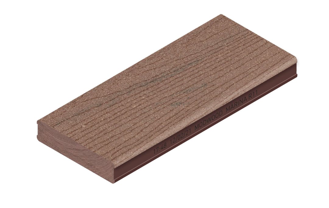 ModWood Marina decking board in Jarrah, brushed finish, angled studio shot on white