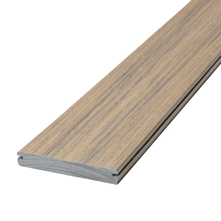 Single Deckorators grooved deck board in Tahiti, a light tan with soft brown and grey streaks, shown at an angle