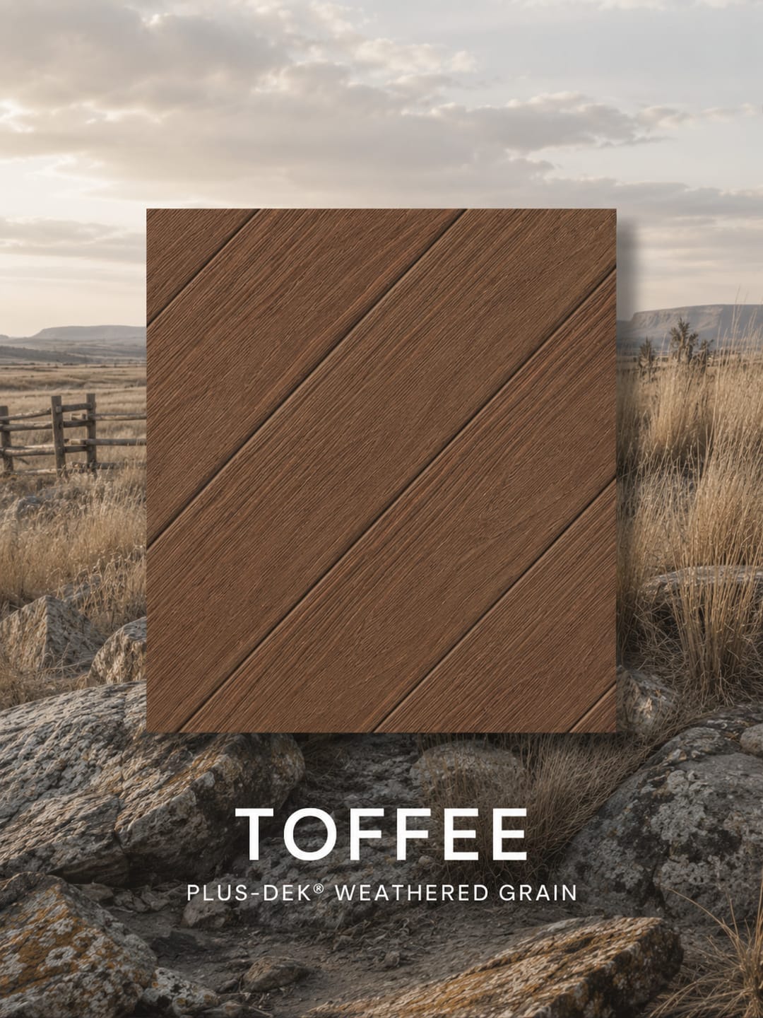 PLUS-DEK Weathered Grain colour card: a caramel brown Toffee board sample shown over rocky grassland, labelled with the colour name