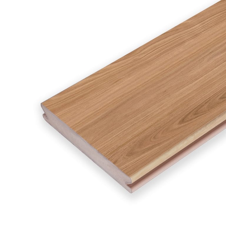 Single Eva-Last Pioneer grooved deck board in Blackbutt, a studio shot showing the warm honey grain and grooved edge