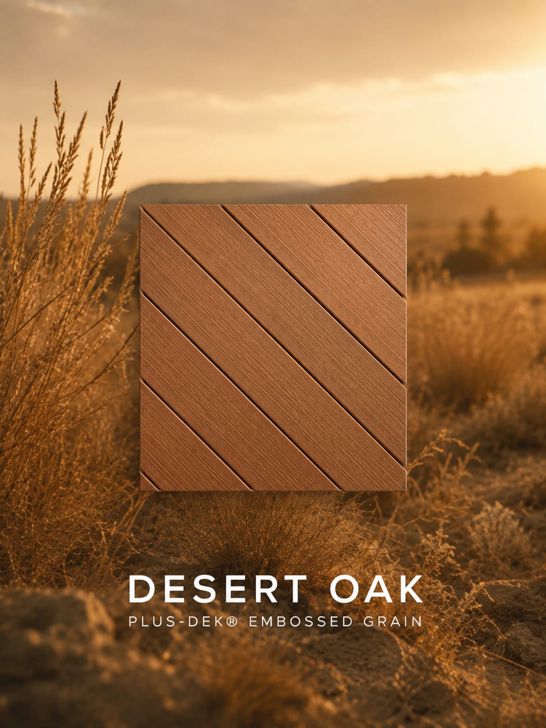 PLUS-DEK Embossed Grain colour card: a warm terracotta-brown Desert Oak board sample shown over a golden grassland at sunset, labelled with the colour name