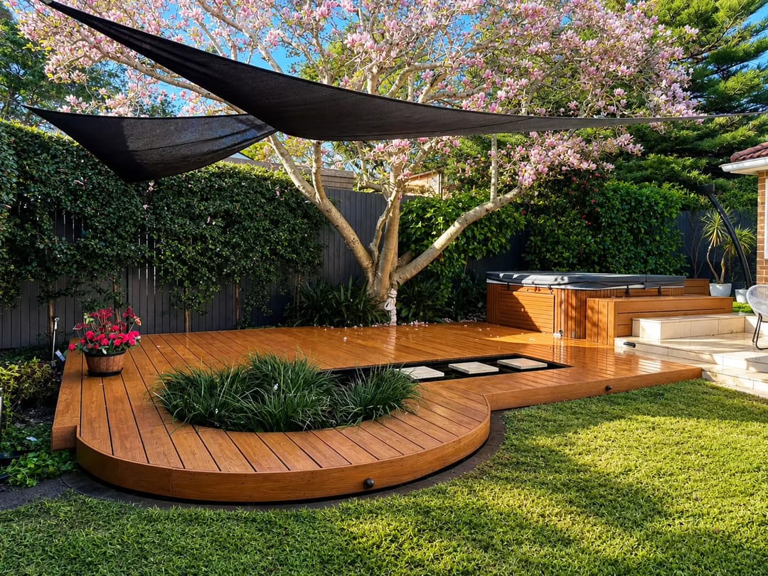 Curved Brite HD PRO Aussie Redwood deck in a Homebush backyard with a raised spa, garden bed and shade sail