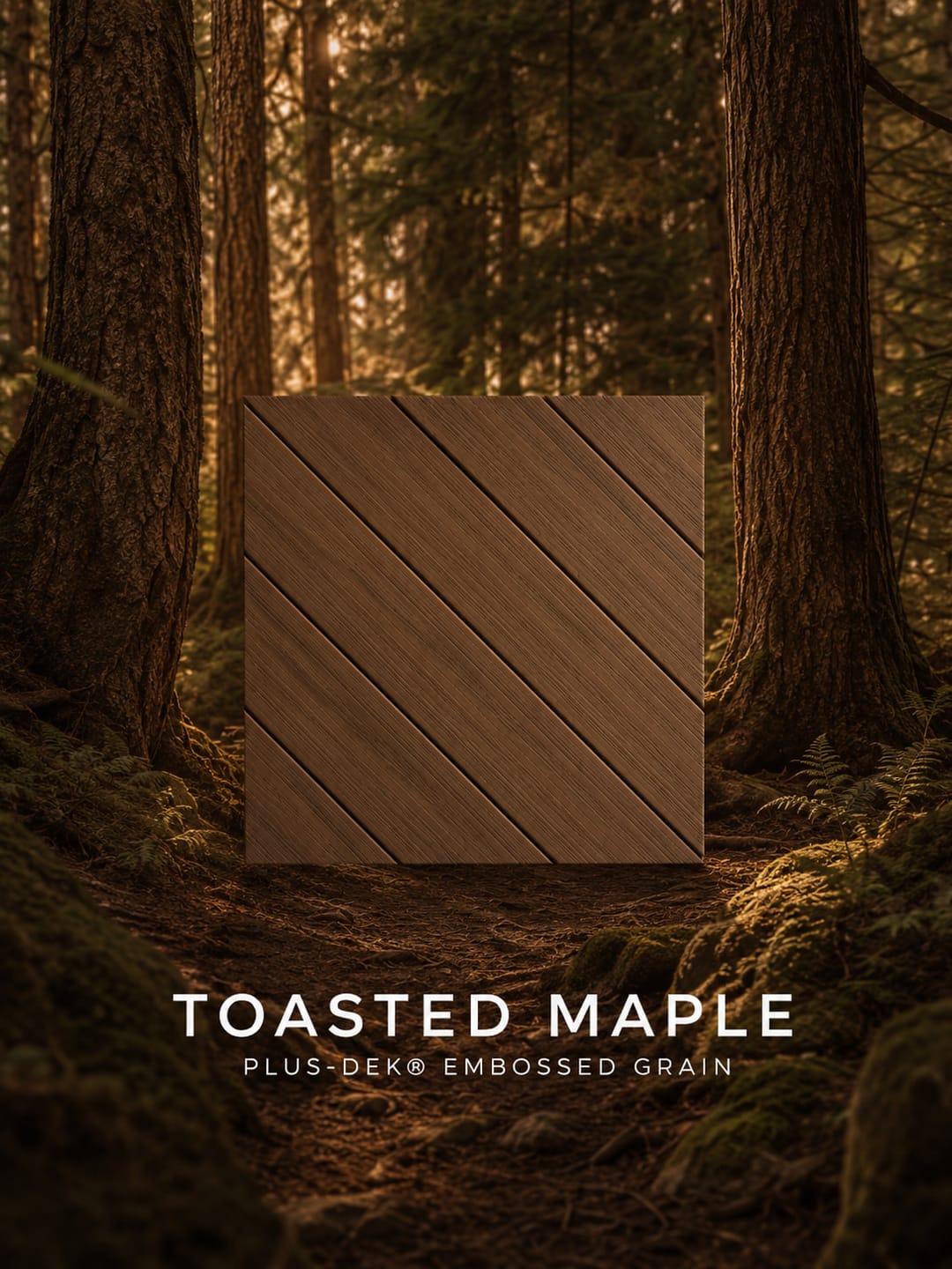 PLUS-DEK Embossed Grain colour card: a mid brown Toasted Maple board sample shown over a redwood forest, labelled with the colour name