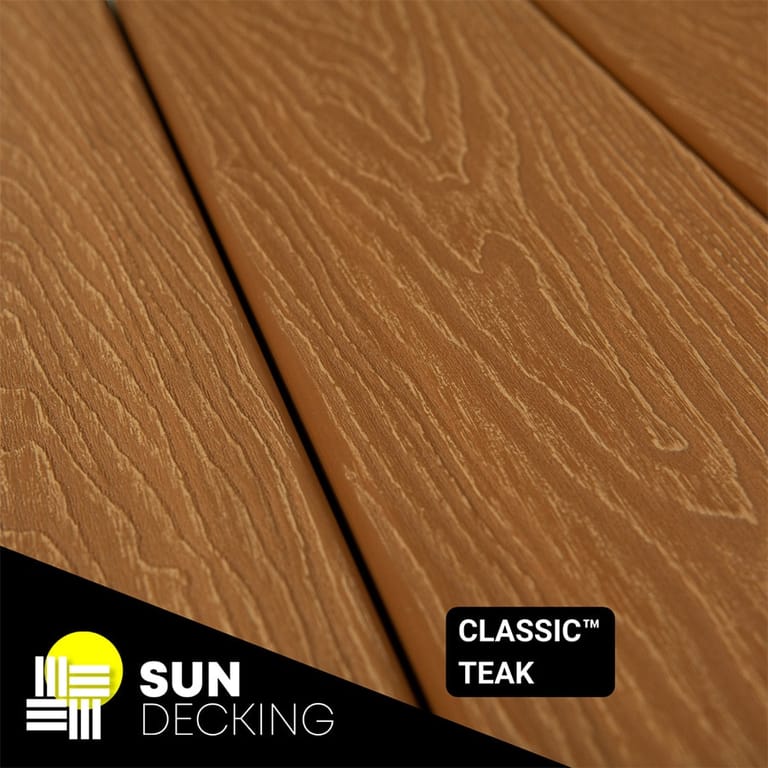 Angled close-up of Sun Decking Classic composite boards in Teak, a orange-brown embossed woodgrain, with the Sun Decking logo in the corner