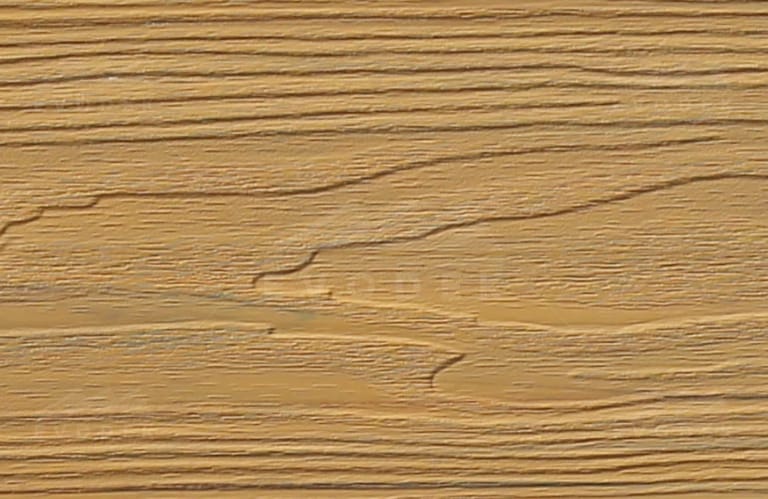 EVODEK Birch colour sample: capped composite board surface with deep embossed wood grain in golden yellow-brown
