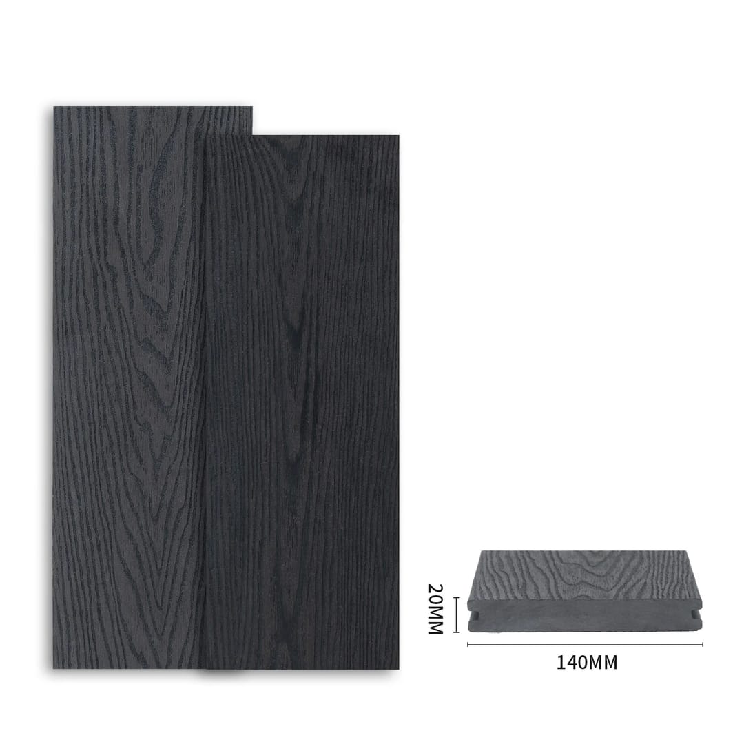 Two charcoal PureSolid Classic Solid boards with 3D embossed grain, beside a 140 x 20 mm solid profile