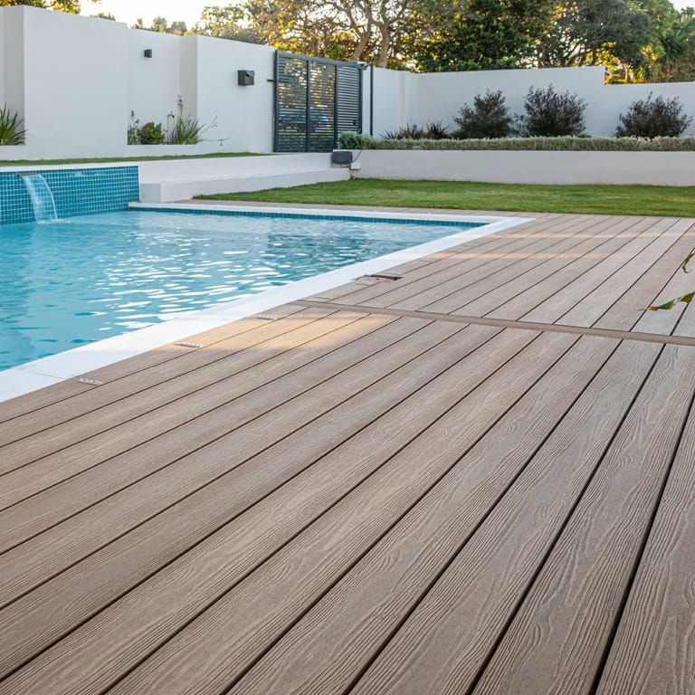 Pool deck in Eva-Last Apex PLUS Himalayan Cedar beside a pool with a water feature, white walls and lawn