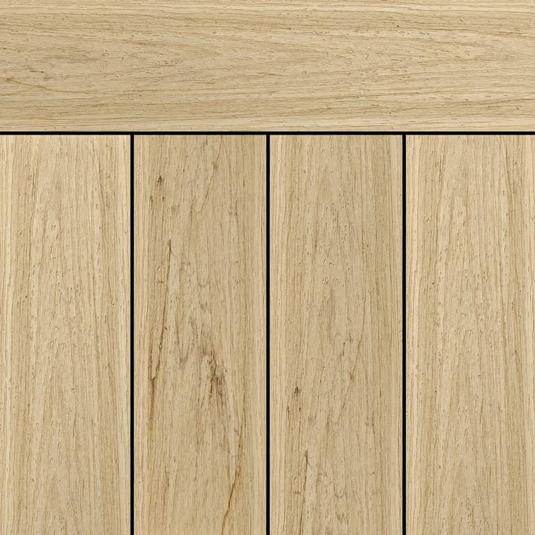 OneDeck SnapDeck Coastal Sandstone PVC deck boards laid side by side under a matching fascia, in pale blond timber