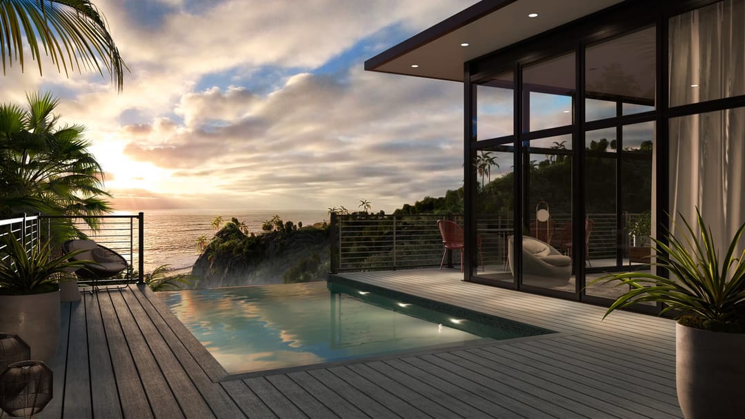 Computer-rendered grey Lineage Rainier pool deck beside a glass-walled house, looking out to the sea at sunset