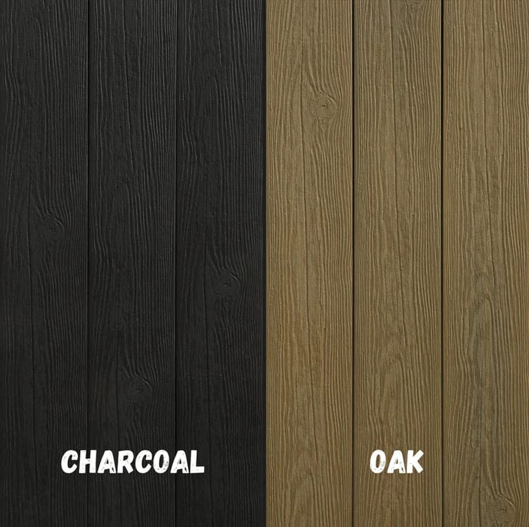 Side-by-side faces of a THQ reversible composite deck board: near-black Charcoal and olive-tan Oak, each labelled with its colour name