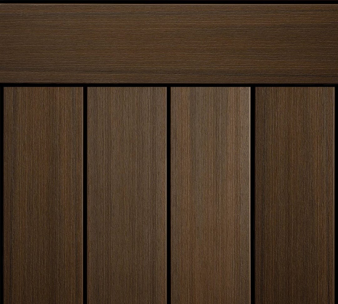 Ekodeck Essentials composite decking boards in Stockman Brown, a mid brown, laid with an edge board
