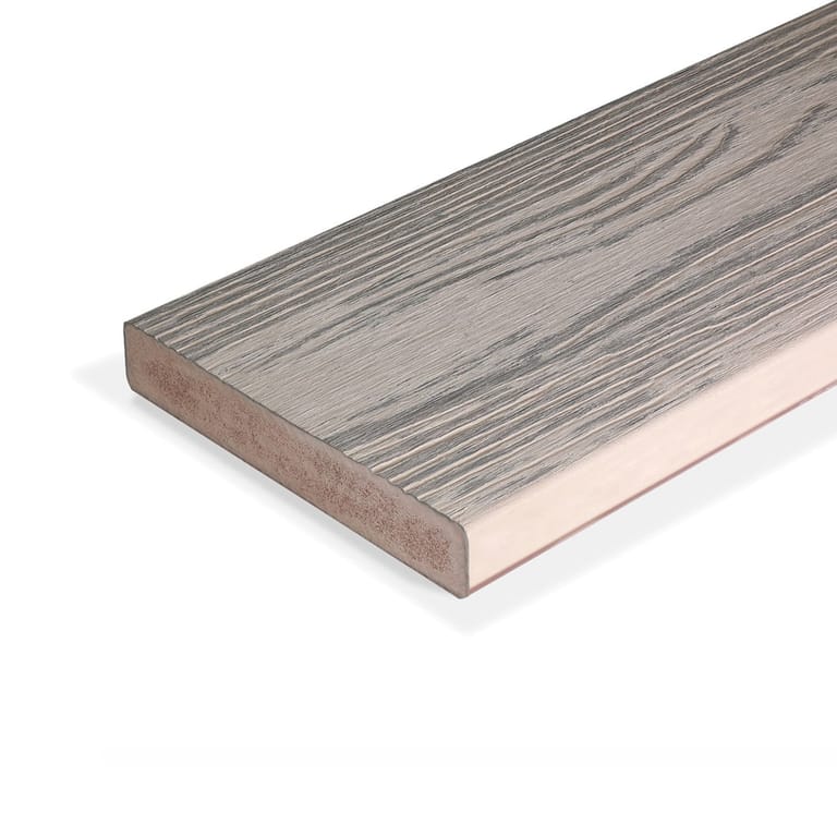 Single Eva-Last Apex PLUS square-edge deck board in Arctic Birch, showing the pale grey-beige embossed grain