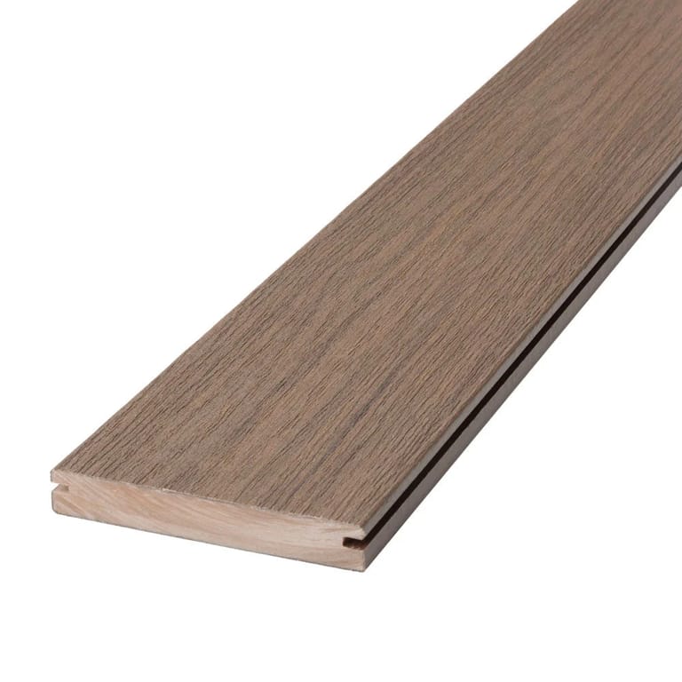 Single Deckorators grooved deck board in Bali, a warm mid brown with subtle streaking, shown at an angle