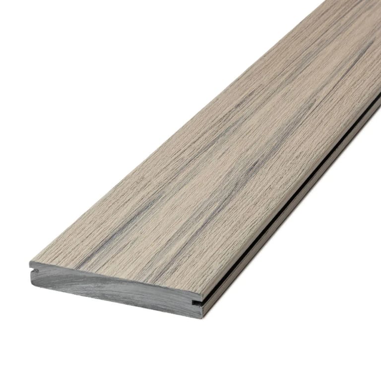 Single Deckorators grooved deck board in Amalfi, a pale weathered grey-beige with fine grain, shown at an angle