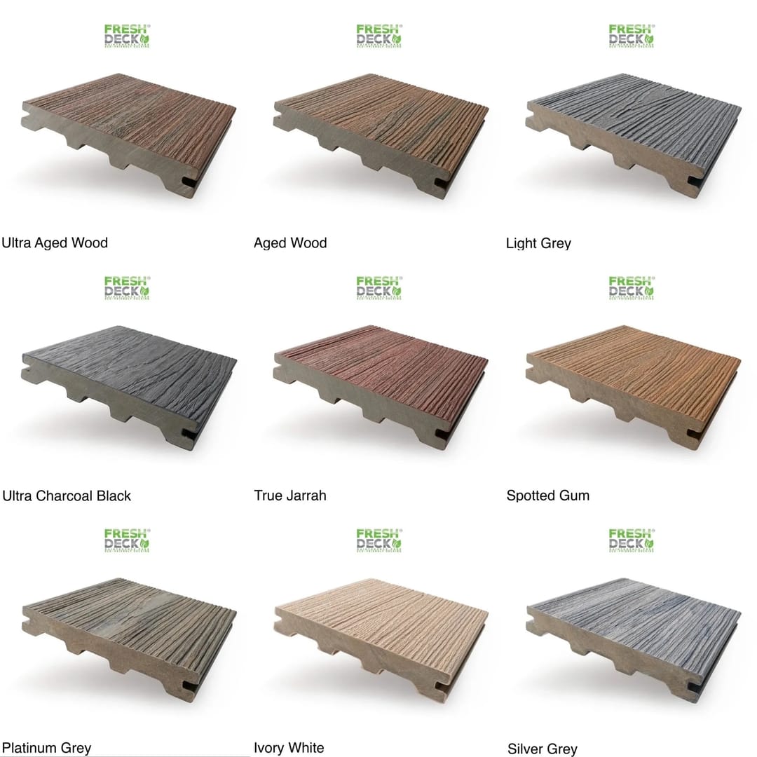 Chart of nine FreshDeck composite board samples with their colour names, from greys and ivory to jarrah and spotted gum tones