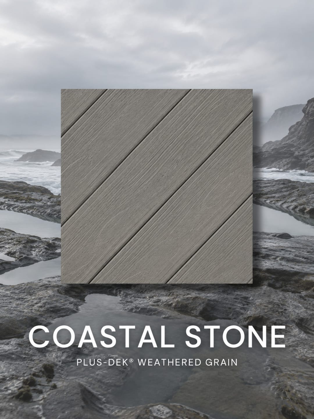 PLUS-DEK Weathered Grain colour card: a mid stone grey Coastal Stone board sample shown over a rocky coast, labelled with the colour name