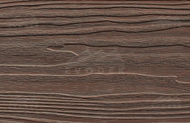 EVODEK Walnut colour sample: capped composite board surface with deep embossed wood grain in reddish dark brown
