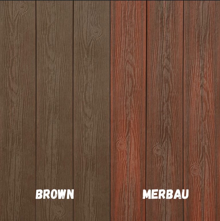 Side-by-side faces of a THQ reversible composite deck board: mid brown Chocolate and red Merbau, each labelled with its colour name