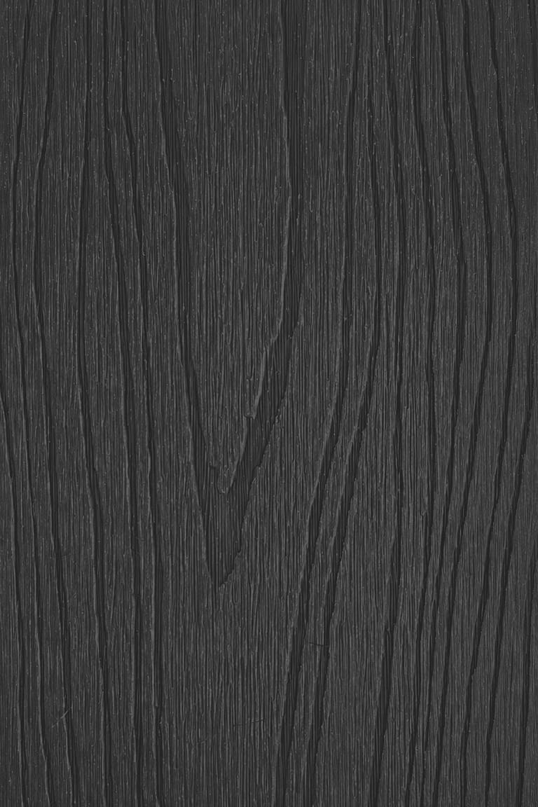 PermaTimber 146 CX decking board face in Ebony, a charcoal near-black, shown as a tall swatch with flowing embossed grain