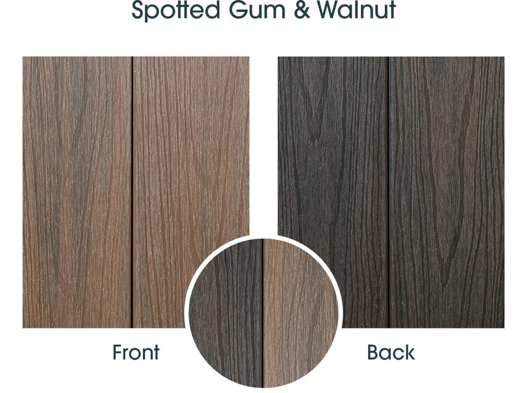 Modern Deck Eco Hollow board card showing the Spotted Gum front face and the darker Walnut back face side by side