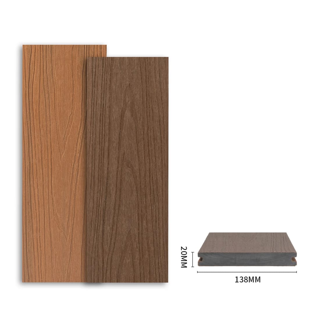 Reversible PureSolid Pro Solid board shown on both faces, orange oak and dark walnut, beside its 138 x 20 mm solid profile