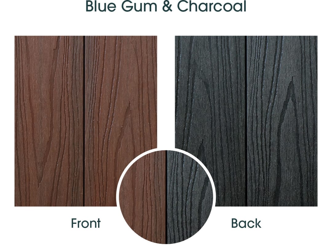 Modern Deck Eco Hollow board card showing the red-brown Blue Gum front face and the Charcoal back face side by side