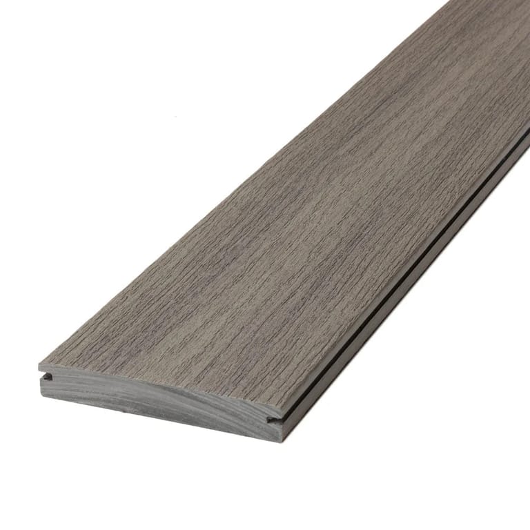 Single Deckorators grooved deck board in Riviera, a greyed brown with streaky grain, shown at an angle