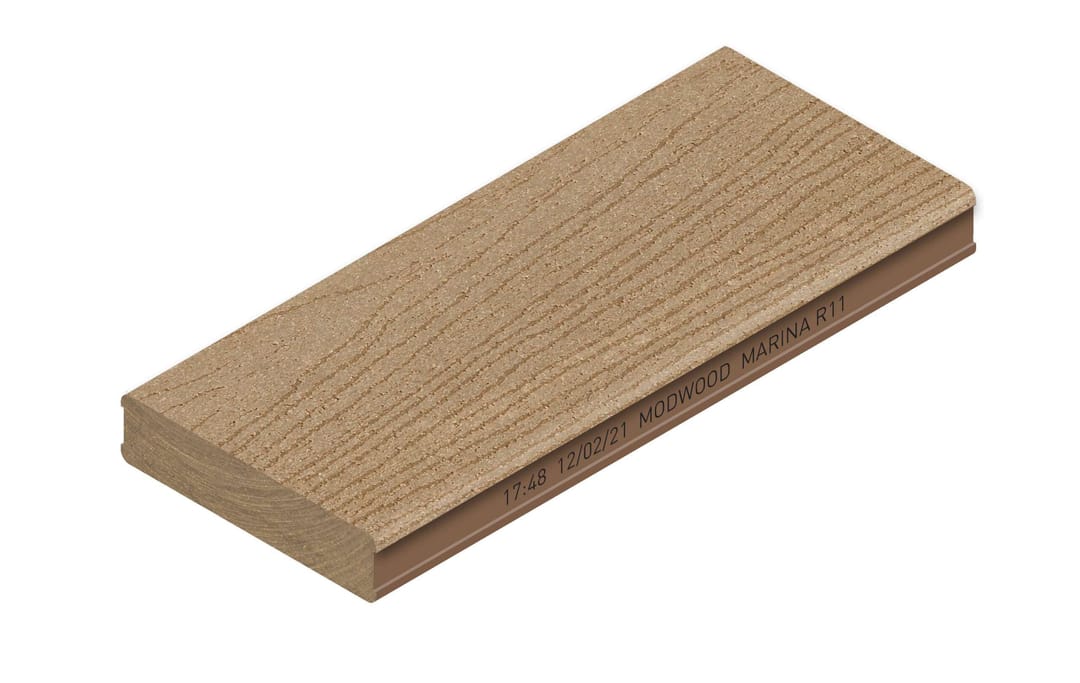 ModWood Marina decking board in Sahara, brushed finish, angled studio shot on white