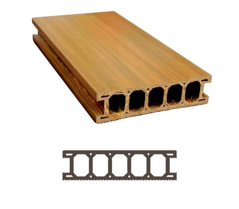 Thick Biowood 153 x 40 mm decking board with large rectangular cavities, shown in 3D above its profile drawing