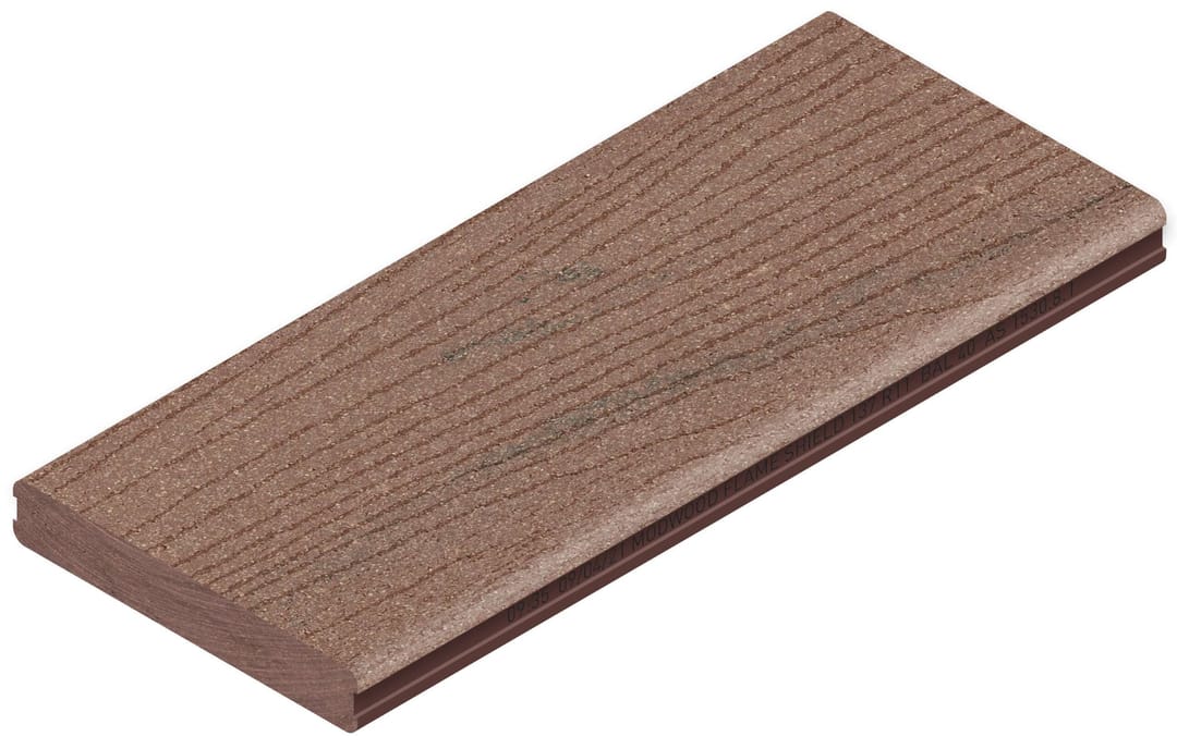 ModWood Flame Shield decking board in Jarrah, brushed finish, angled studio shot on white