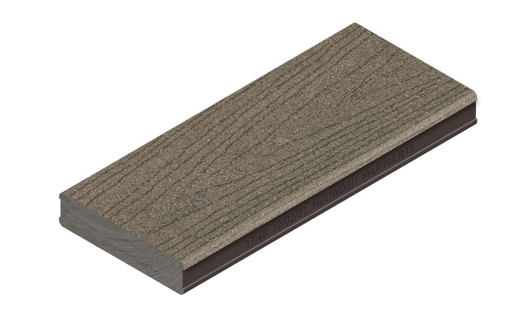 ModWood Marina decking board in Black Bean, brushed finish, angled studio shot on white