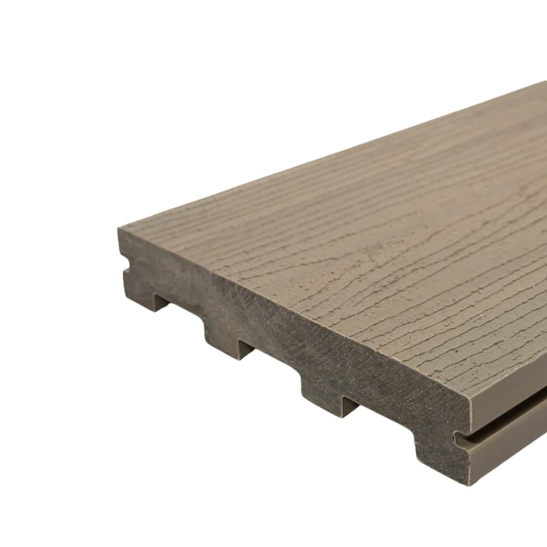 NewTechWood Marina composite decking board in Antique, a weathered grey-brown, end-on view against black