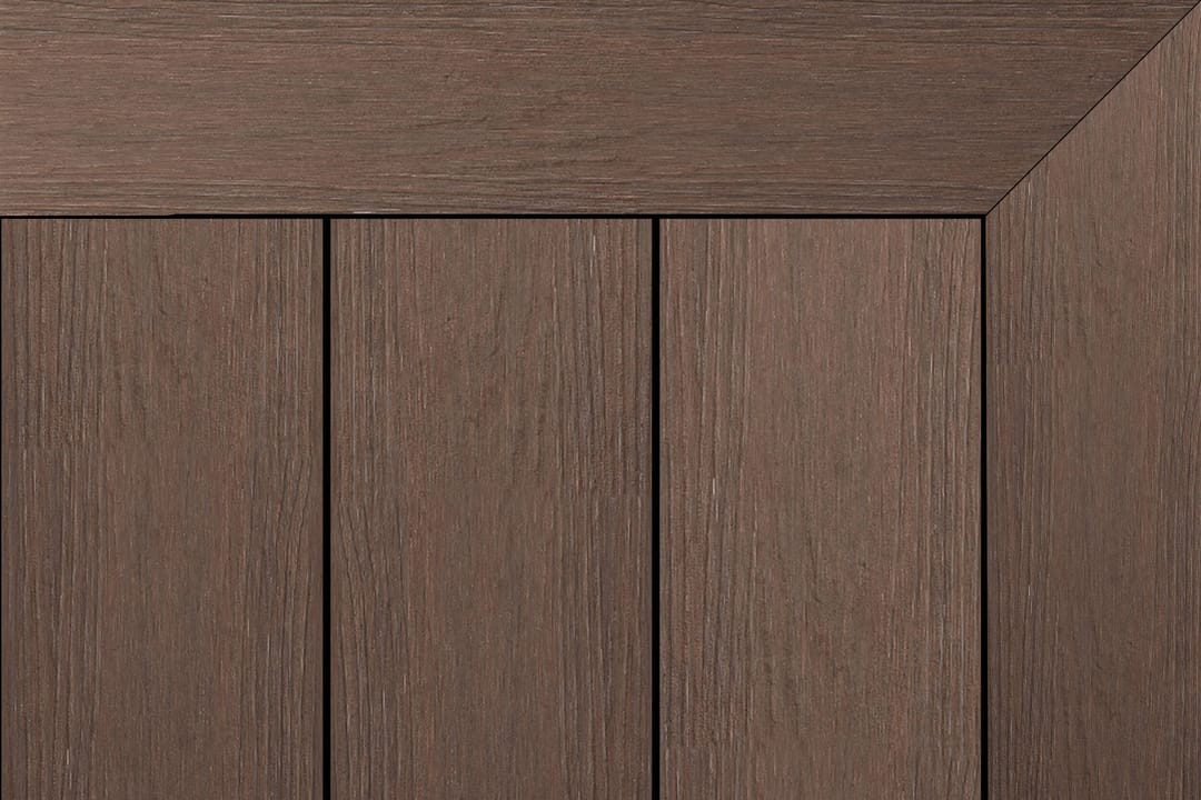 Brite NextGen Titanium composite decking in Spotted Gum: mid-brown boards inside a mitred picture-frame border