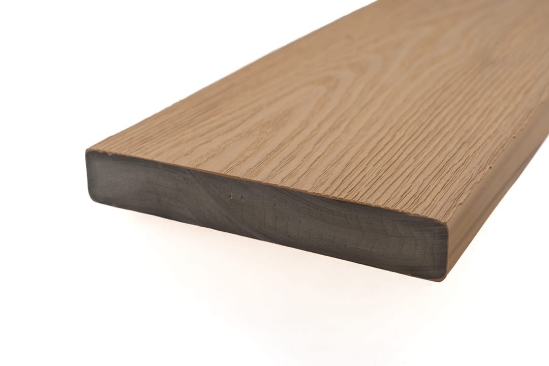 WoodEvo ADVANCED square-edge PVC decking board in Blackbutt, a golden tan, studio shot on a white background