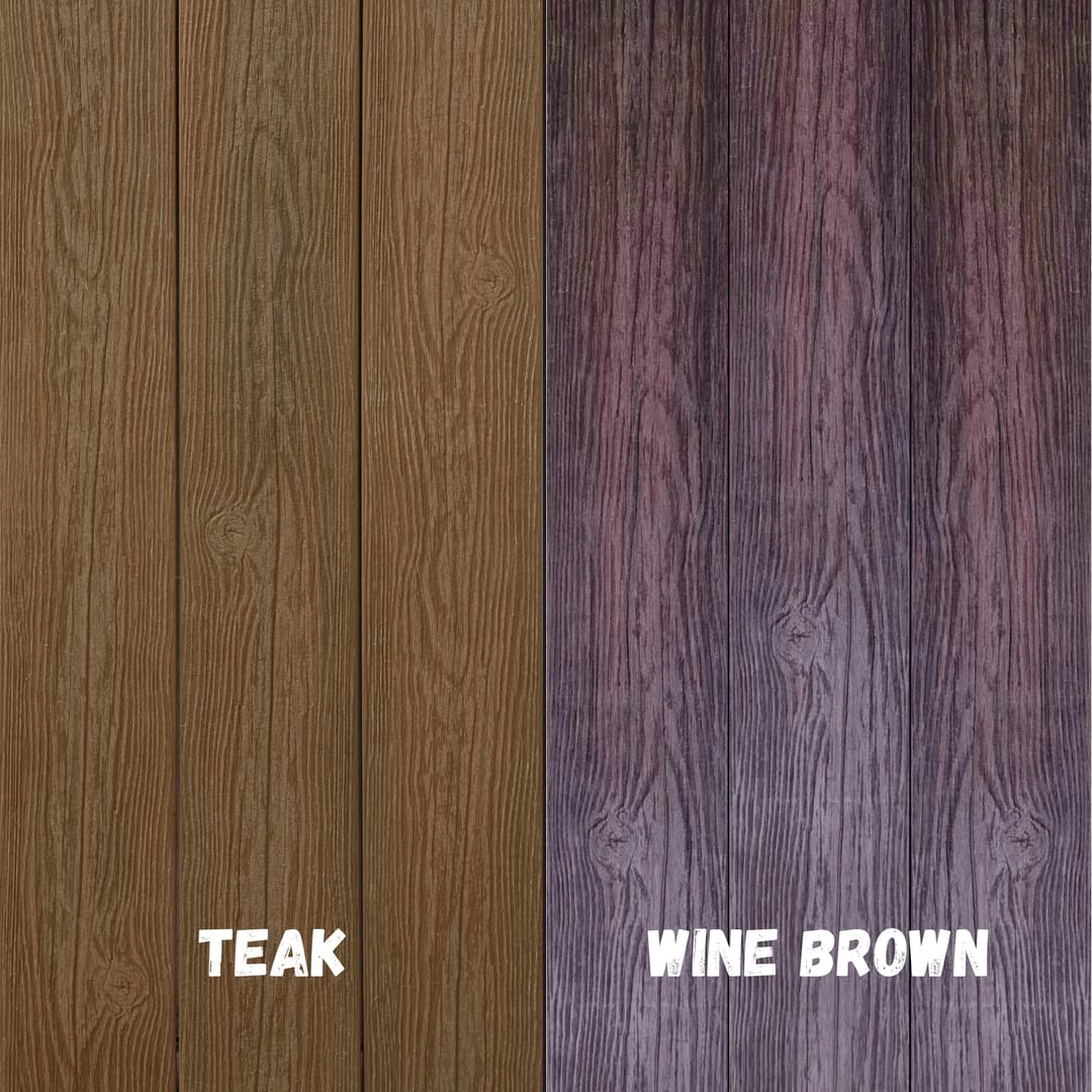 Side-by-side faces of a THQ reversible composite deck board: golden brown Teak and purple-toned Wine Brown, each labelled with its colour name