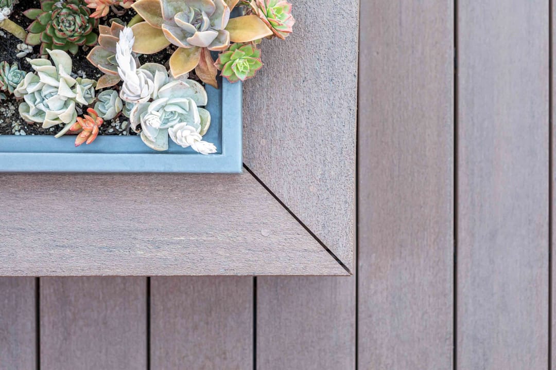 Corner of an Ironbark deck with mitred edge boards around a pale blue planter of succulents