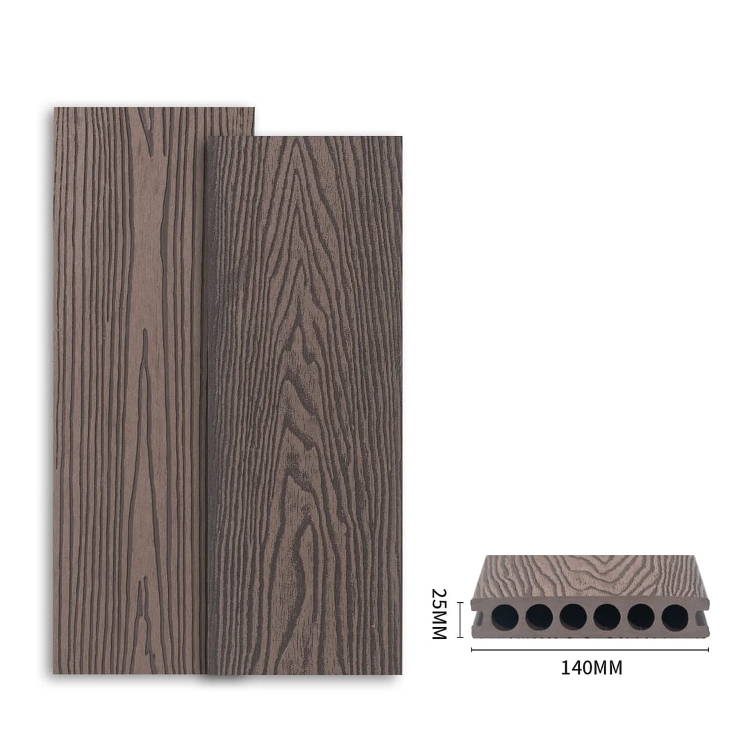 Two grey-brown PureSolid Classic Hollow boards with deep 3D embossed grain, beside a 140 x 25 mm hollow profile