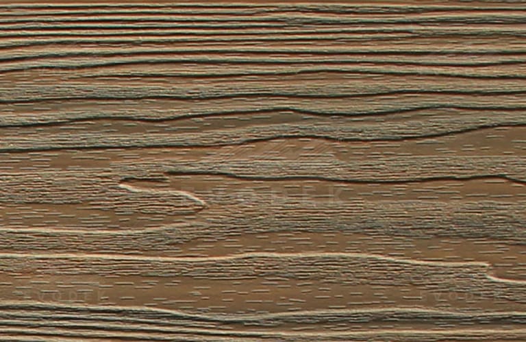 EVODEK Dark Teak colour sample: capped composite board surface with deep embossed wood grain in streaky dark brown