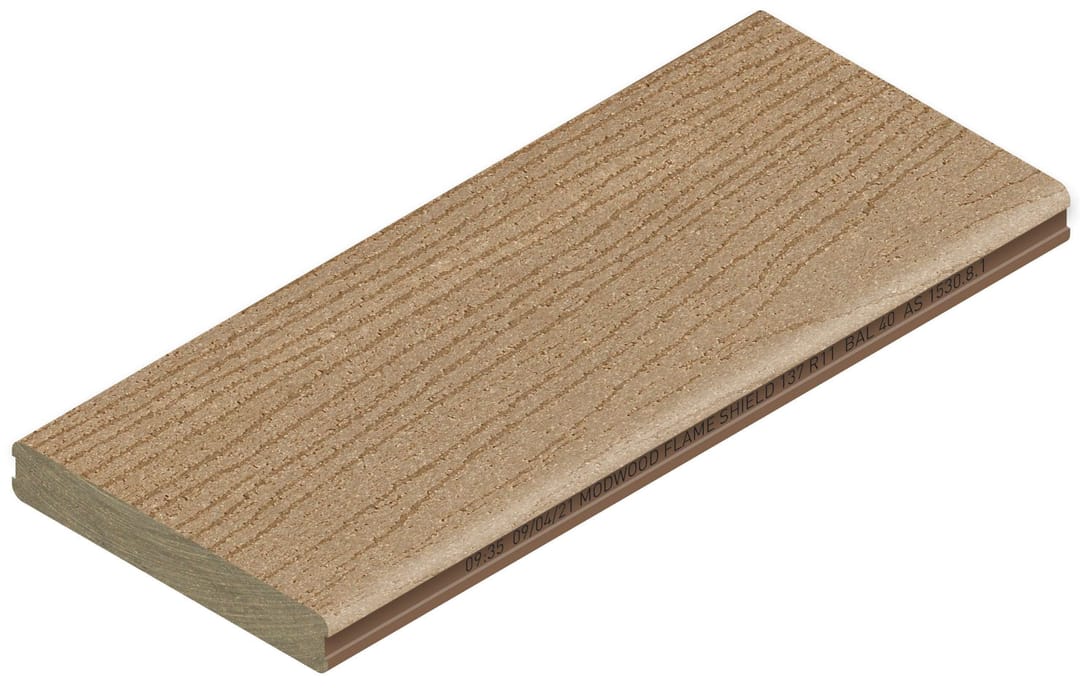 ModWood Flame Shield decking board in Sahara, brushed finish, angled studio shot on white