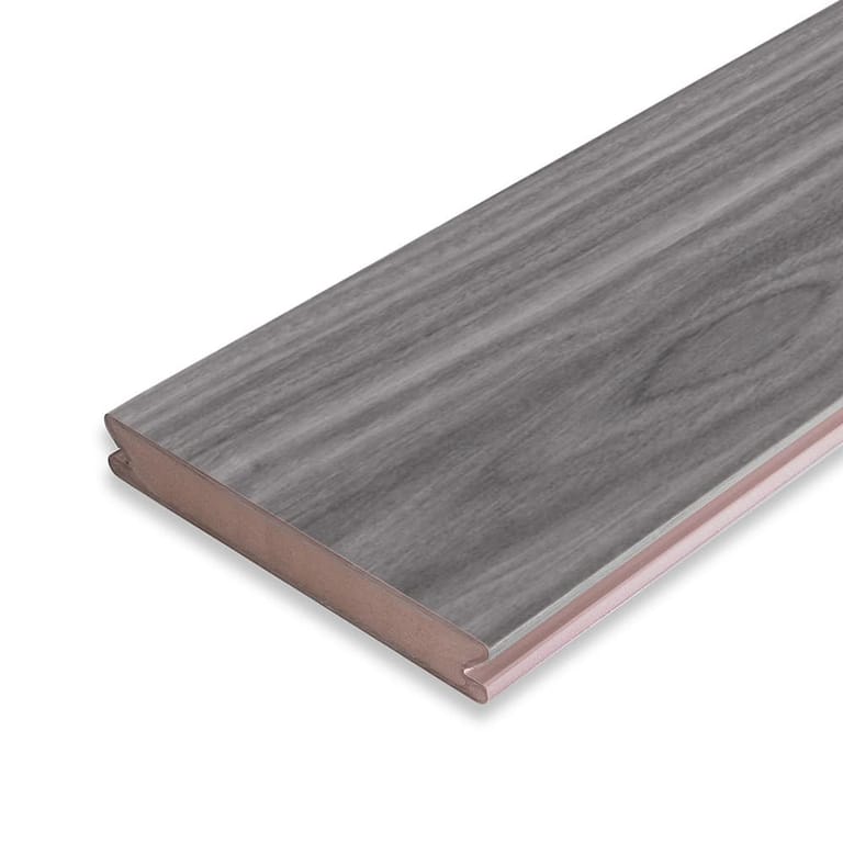 Single Eva-Last Pioneer grooved deck board in Weathered Blackbutt, a studio shot showing the silver-grey grain